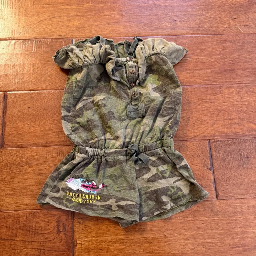 Ralph Lauren Romper Girls 3T Green Camo Dragon Embroidered Ruffle Henley Cotton
